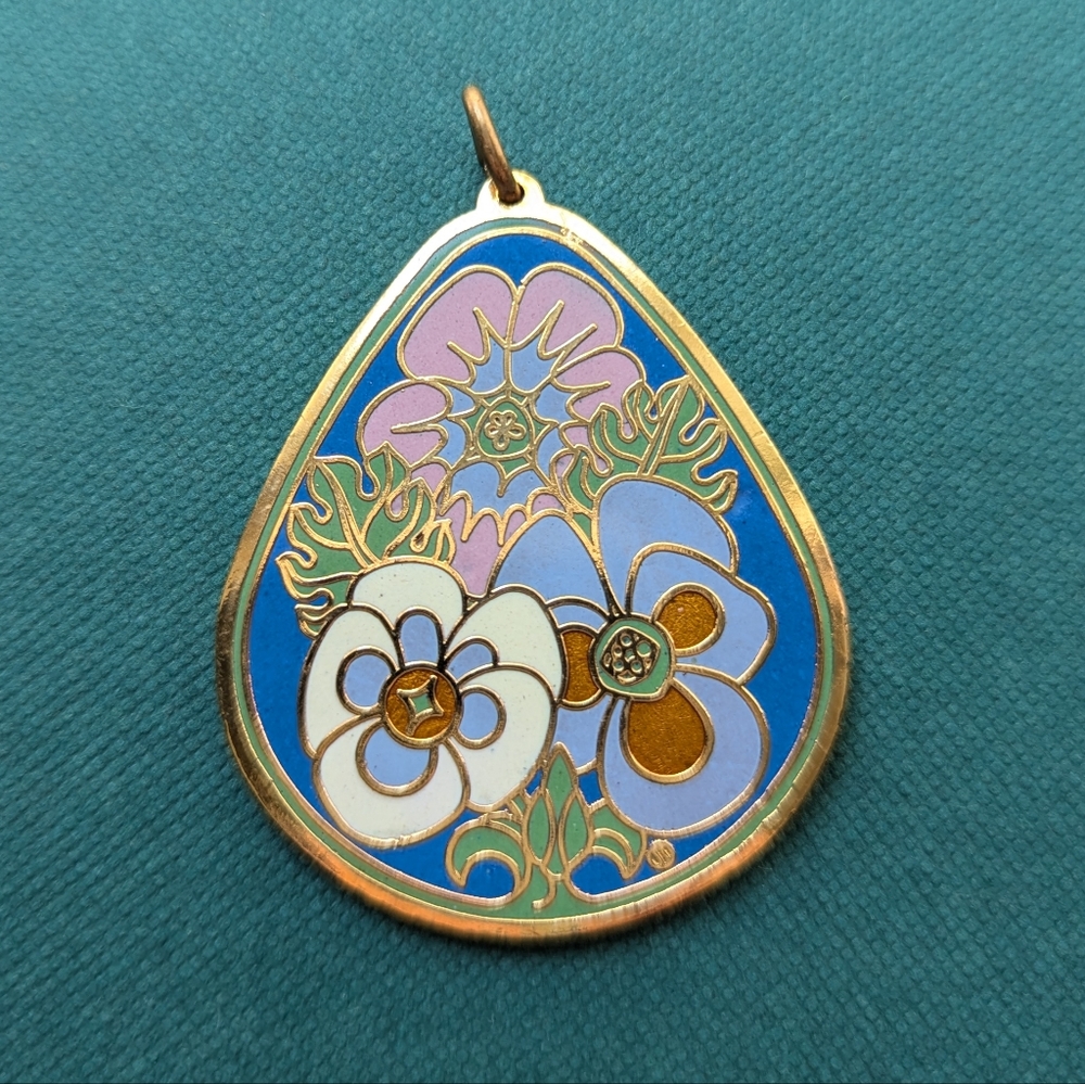 Gold Cloisonné Teardrop Pendant Charm With Mid Century Floral Design